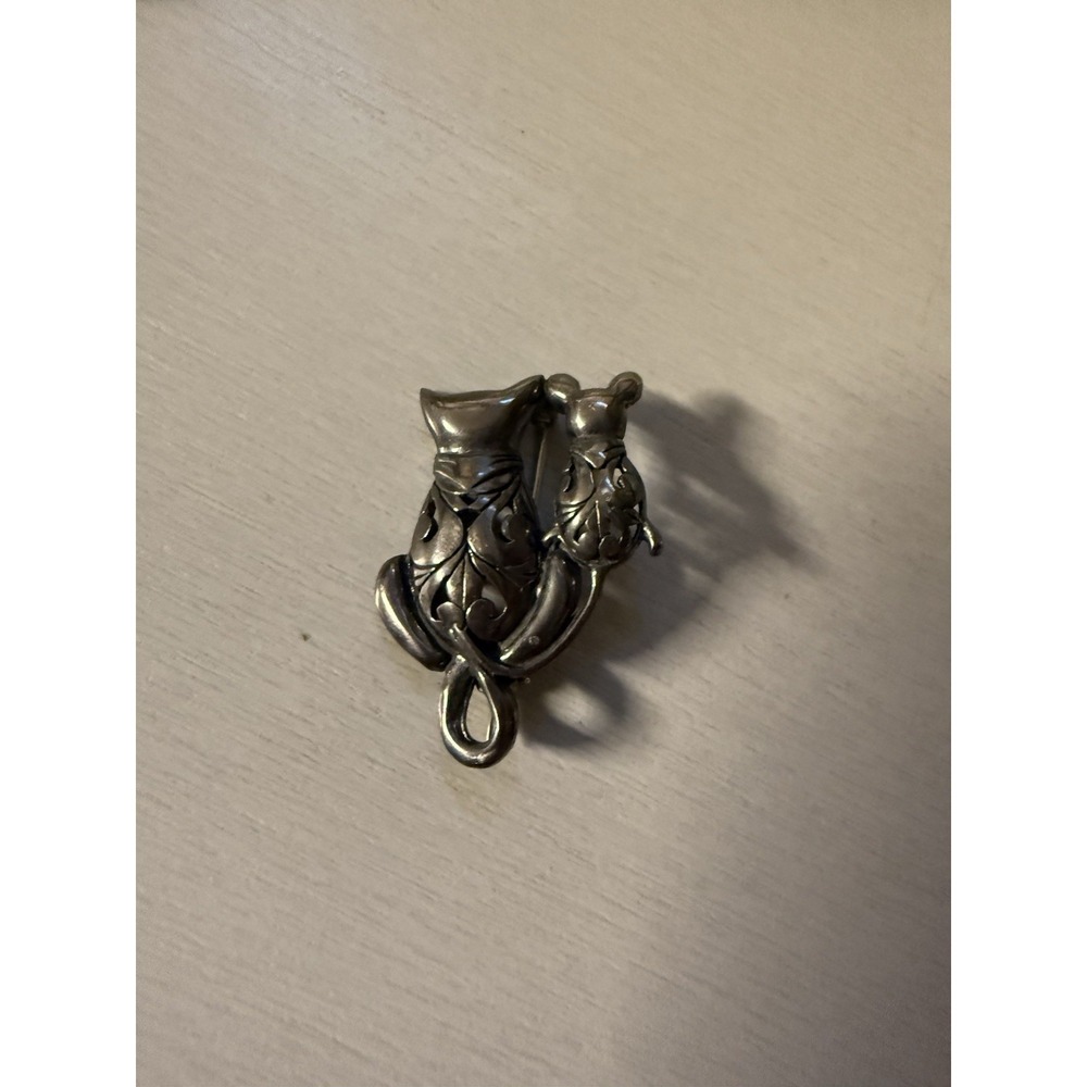Vintage Cat and Mouse Brooch Pin 925 Sterling Silver EUC 6g‎